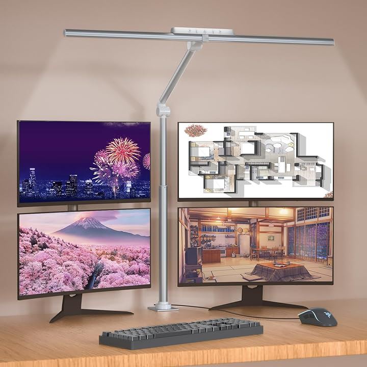 デスクライト LED 電気スタンド クランプ式 高演色Ra95 明るさ1800Lx スタンドライト 調光調色 背面ライト付き 多角度調整 アルミ合金 ダブル光源(シルバー クランプ式)