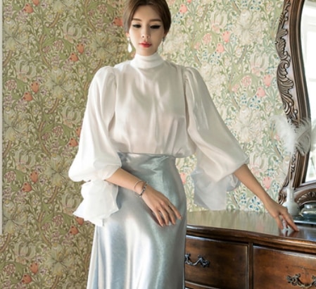 リボン＆フリルボリュームブラウス トップス ロング丈 袖あり 綿 光沢 爽やか 大人スタイル 大人可愛い きれいめ シンプル カジュアル 大人 上品 おしゃれ かっこいい レトロ アジアン 大人可愛い