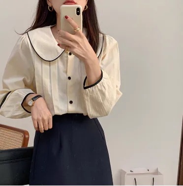 トップス シャツ ブラウス 前開き レディース 長袖 襟付き 丸襟 かわいい 大人可愛い きれいめ シンプル カジュアル 上品 おしゃれ ガーリー かっちり ラブリー キュート カレッジ風 学生風 無 5,280円