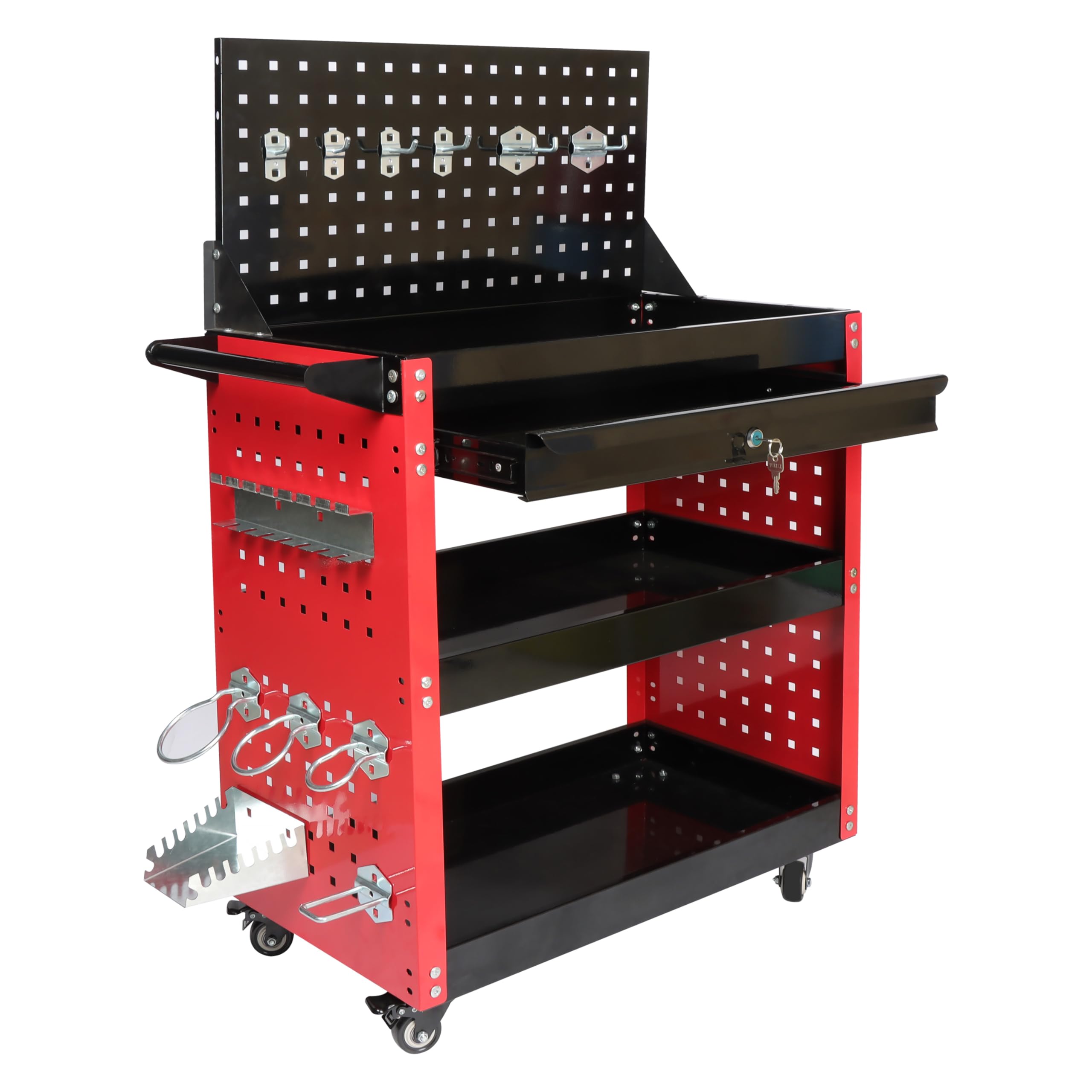 ツールワゴン キャスター付 引き出し付 3段 鍵付き 耐荷重200KG 業務用 スチール 幅65.5CM×奥行36CM×高さ105.5CM ハンドル 【側面プレートメッシュパネルフックセット】 ド
