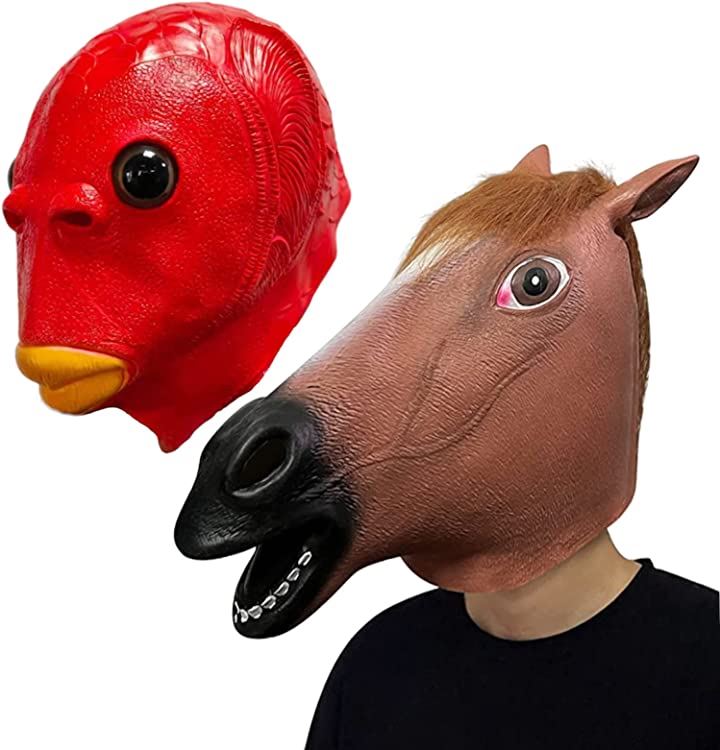 【新品、本物、当店在庫だから安心】 馬 マスク 馬＋魚赤マスク かぶりもの お面 変顔マスク おもしろマスク コスチューム一式