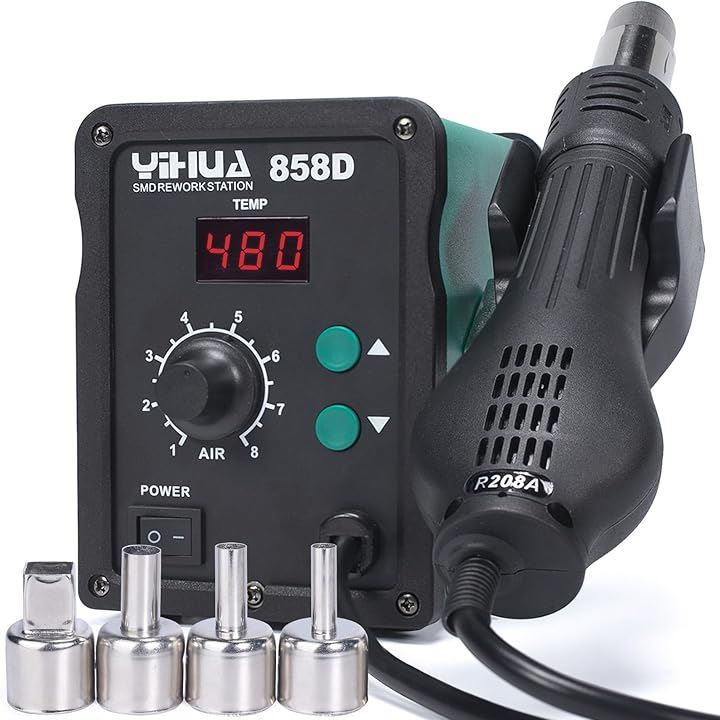 858D リワークステーション ヒートガン 温度制御型 風量調節可 PID ノズル 3 本付き( ブラック＆緑)