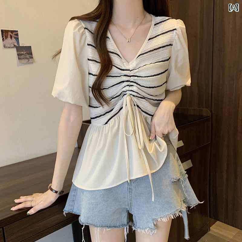 大きめサイズ レディース トップス カジュアル おしゃれ デート 女子会 普段使い フレンチ ドローストリング コントラスト ストライプ パフスリーブ Tシャツ 夏 ぽっちゃり スリム 体型カバー