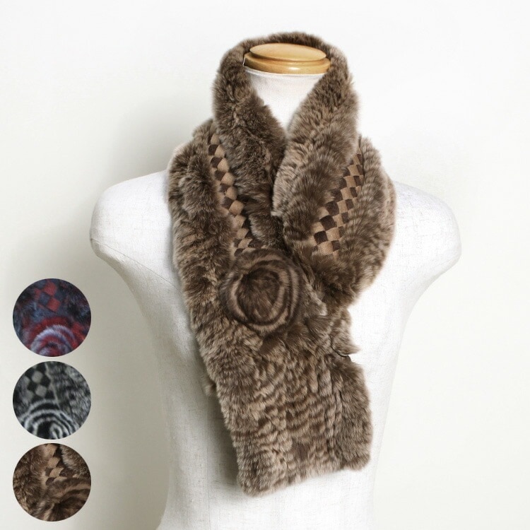 レッキスラビット カシミヤ混 ファー マフラー コサージュ付 レディース ギフト プレゼント