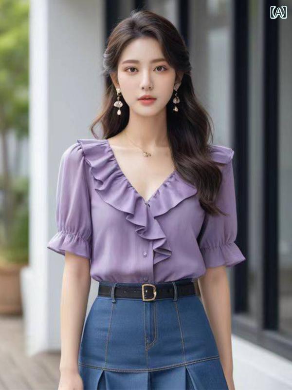 レディース ファッション パープル シフォン Vネック フリル 半袖 シャツ トップスス 夏 フレンチシック 美しい