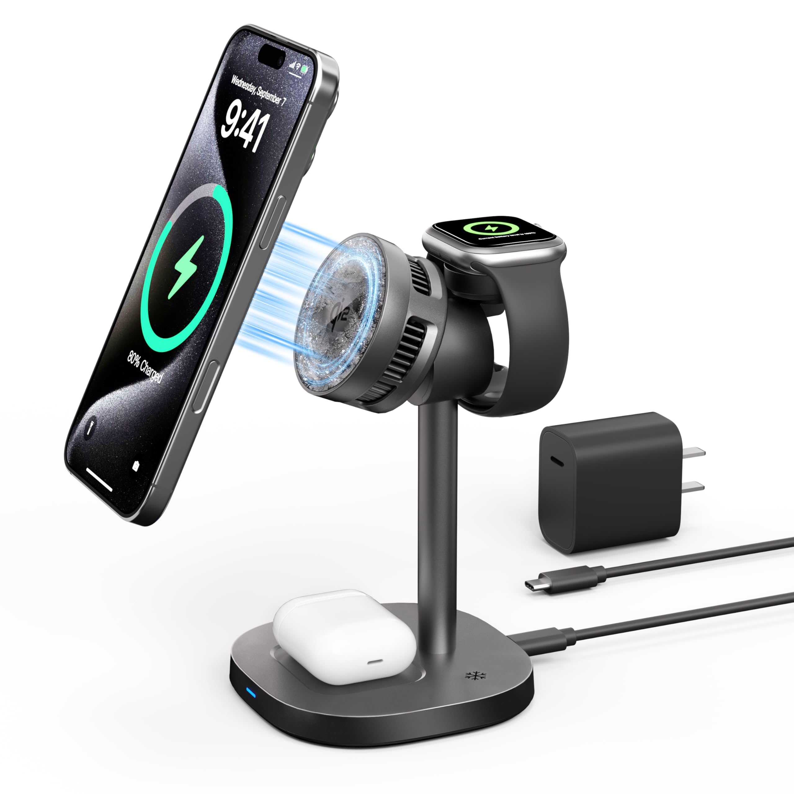 Yamisan Qi2認証 冷却ファン搭載 magsafe充電器 マグネット式 3-in-1 ワイヤレス充電器 15W急速充電 スマホ 冷却 マグセーフ充電器 ワイヤレス充電ステーション/ワイヤレス出 4,840円