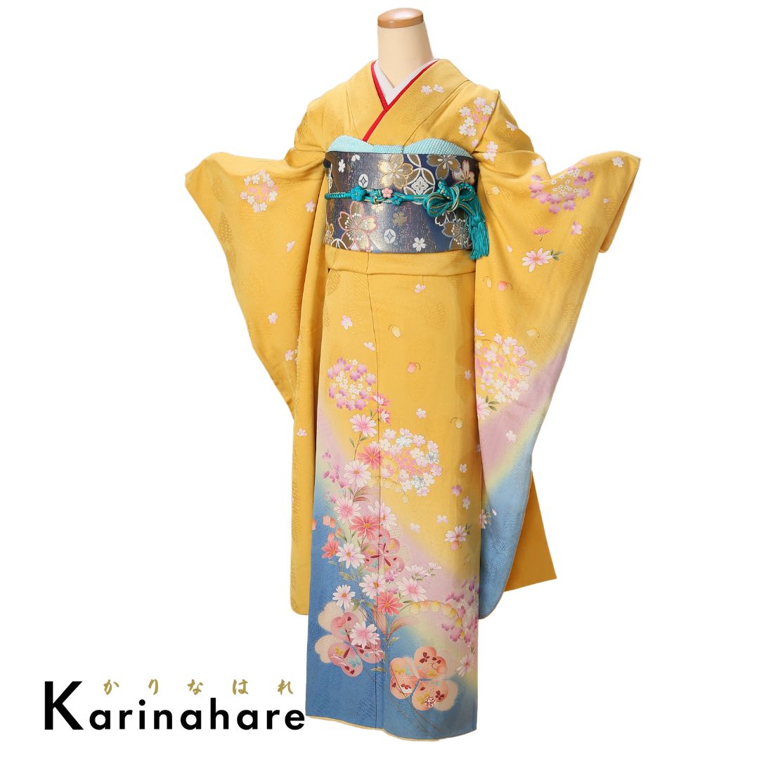 きほ振袖セットF227-106 淡い黄色の地に水色のボカシが入り桜が描かれた振袖