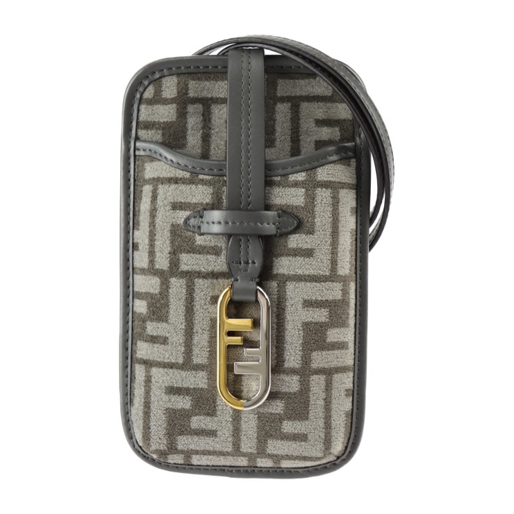 超美品 FENDI フェンディ ショルダーバッグ 7AS131 フォンポーチ オーロック ビスコース×レザー グレー系 ゴールド金具 シルバー金具 ズッカ柄 スマホケース コインケース カードケース