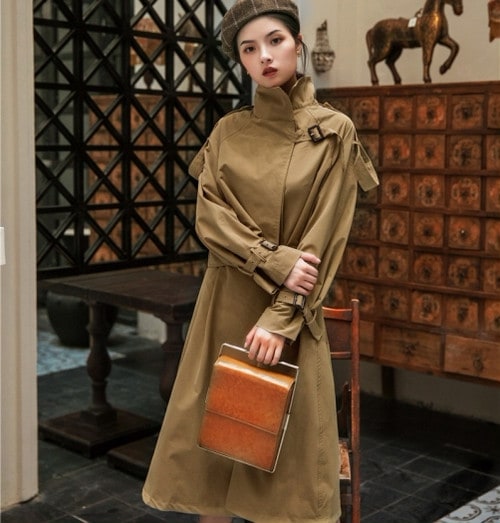 すっきりシルエット レトロ 2way トレンチコート 無地 ロング エレガント 秋冬　F-016