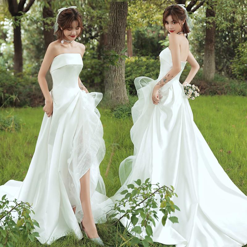 ウェディングドレス二次会結婚式白赤ブライダルファスナースリットベアトップビスチェ前撮り海外挙式花嫁リゾートウエディングドレスパーティー