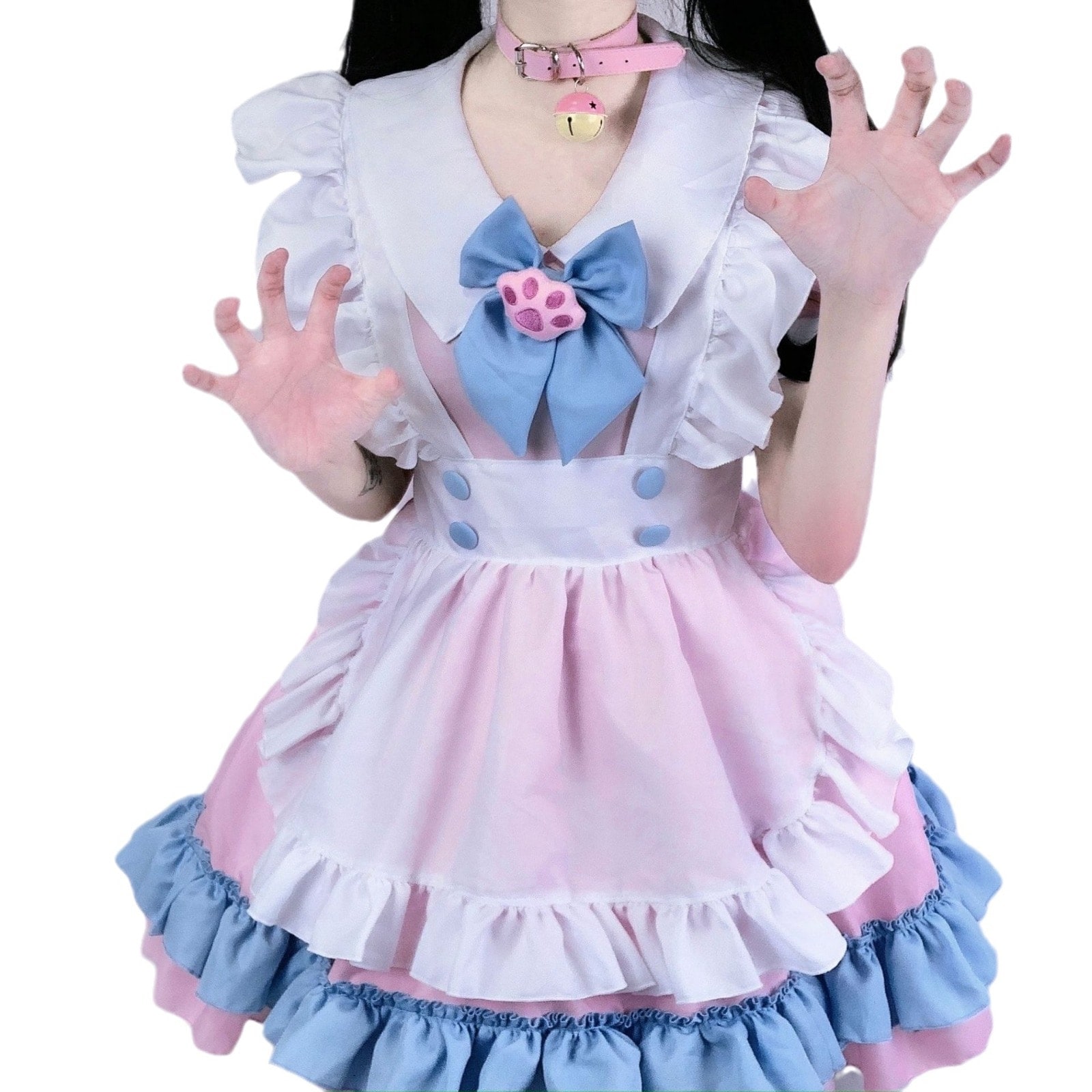 S-4XL 大きめサイズメイド服 超キュートな大きなリボン付きロリータワンピースレディース ピンク×ブルーの可愛いワンピース