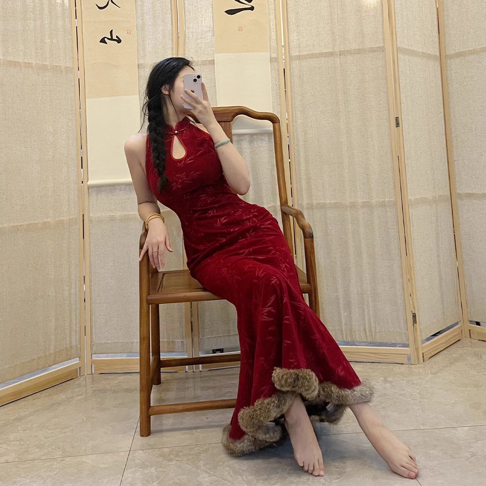 レトロな新風改良チャイナドレス[深紅]国民風2023年秋ファッションレディスーツ