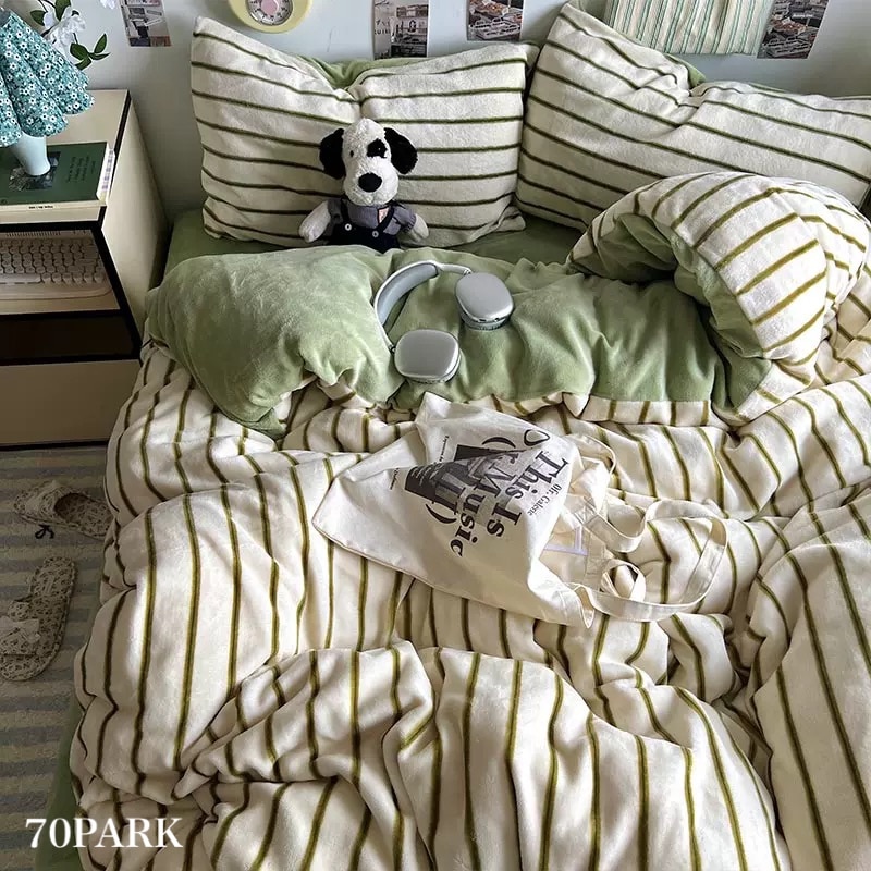 グリーン ストライプ ミルク ベルベット 布団カバーセット 全2種 ベッドカバー 寝具カバー シングル ダブル クイーン ベッドリネン ぬくぬく おしゃれ 韓国インテリア 70PARK