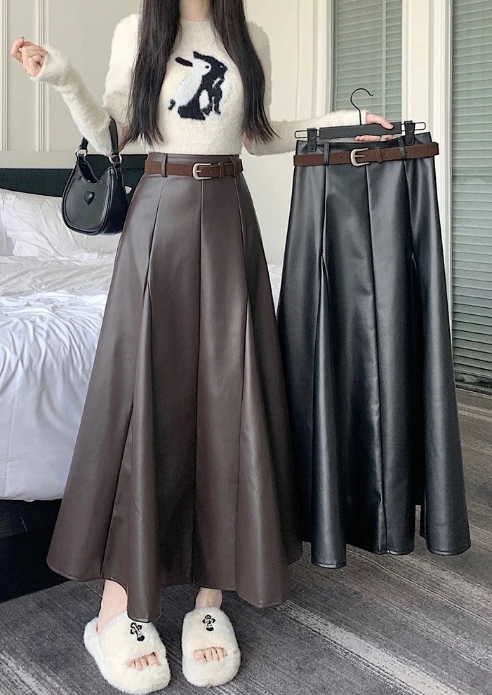 【急速出荷!】アウターダウンジャケットコートAライン スカート＋ベルト プリーツスカート カジュアル PUレザー フレアスカート ハイウエスト レディース フレアスカート ファスナー付き ミモレ丈 ロ