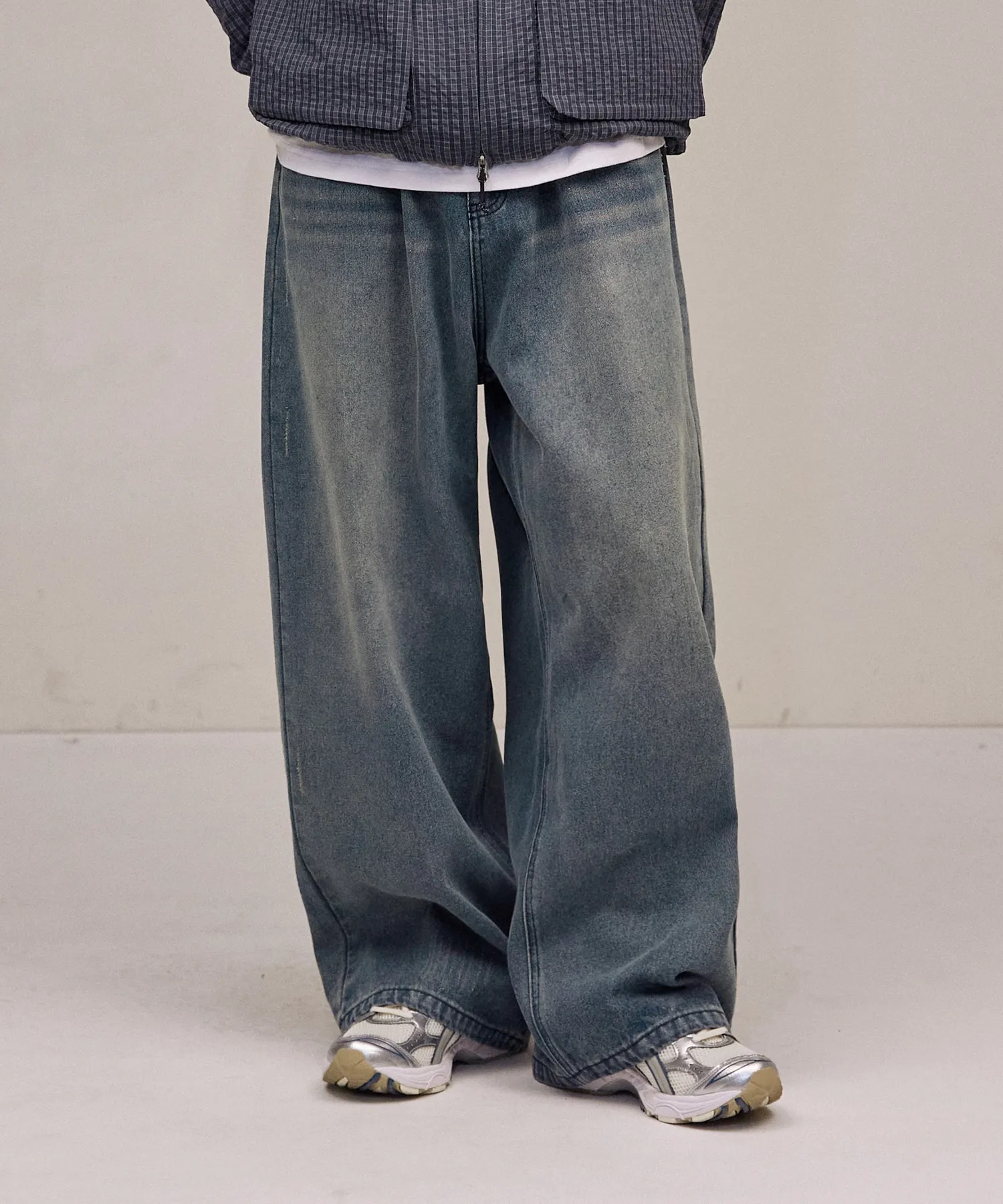 ダメージ ウォッシュド デニム パンツ-ミディアム ブルー