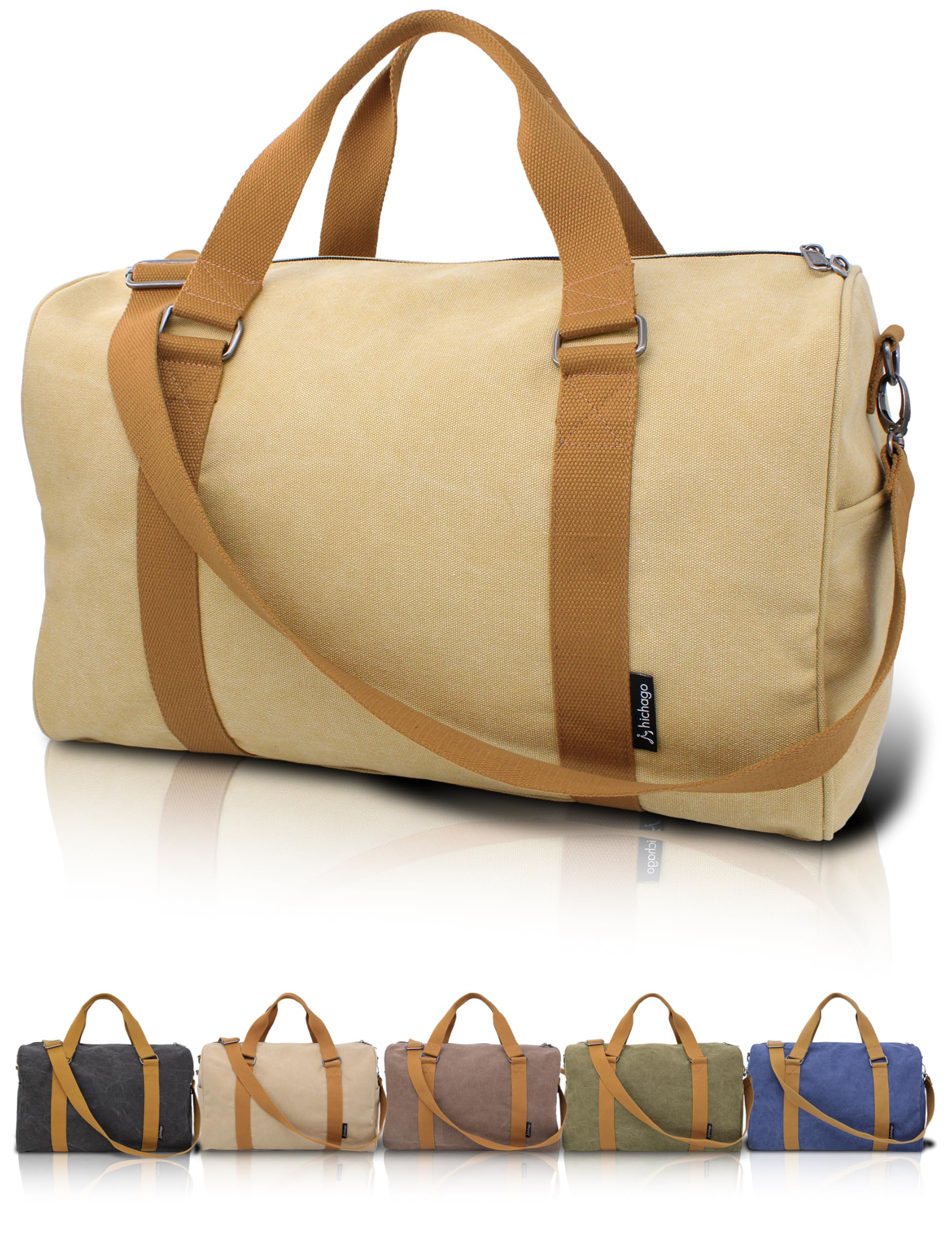 hichago ボストンバッグ 【厚手のキャンバス生地】 旅行 40L 大容量 3WAY ショルダー付き キャリーオン対応 機内持ち込み (きなこ)