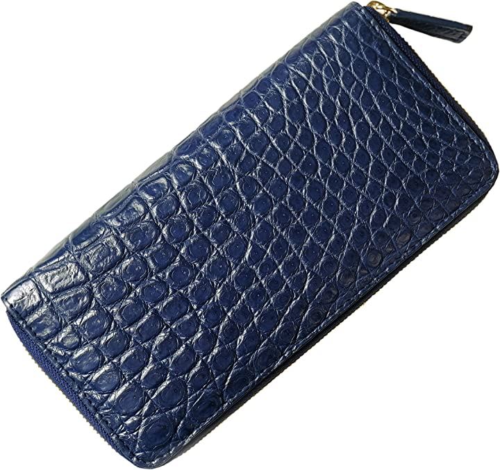 クロコダイルラウンドファスナー長財布 ワニ 本革 シルバーファスナー ネイビー(シルバーファスナー ネイビー)