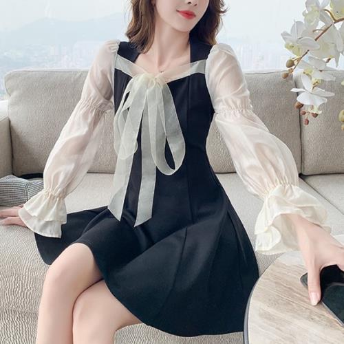 【即納】ワンピース ミニワンピース 量産型 地雷型 お嬢様 韓国 原宿系 ゴスロリ ゴシック ロリータ フレア 韓国 無地 スクエアネック 春 秋 長袖 ミニ ショート おしゃれ 可愛い リボン 2W