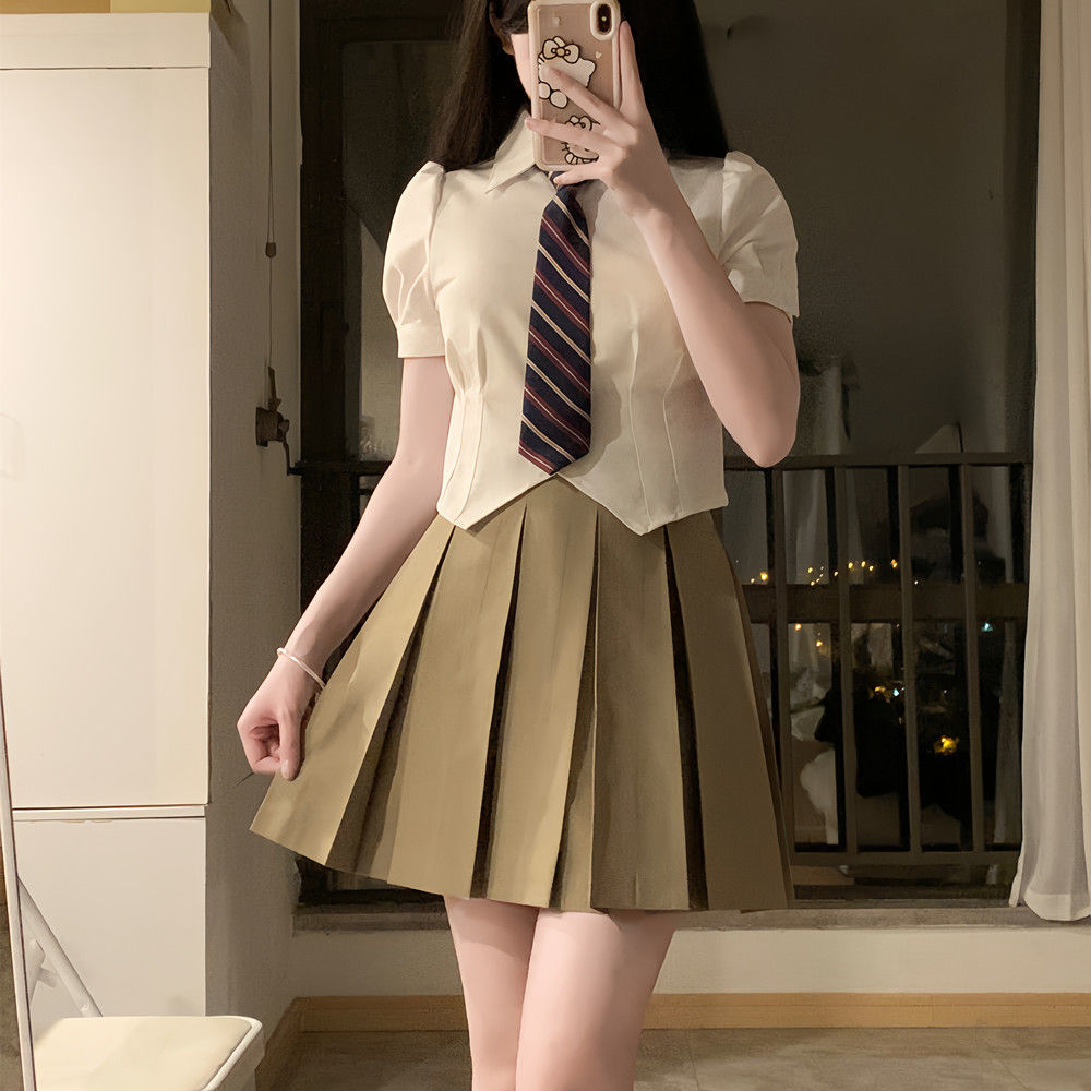 【1つ買うと10つ無料】ウエスト閉じたjkシャツのユニフォームセンシングシャツ女性用短袖10ボックスプリーツスカートスーツ