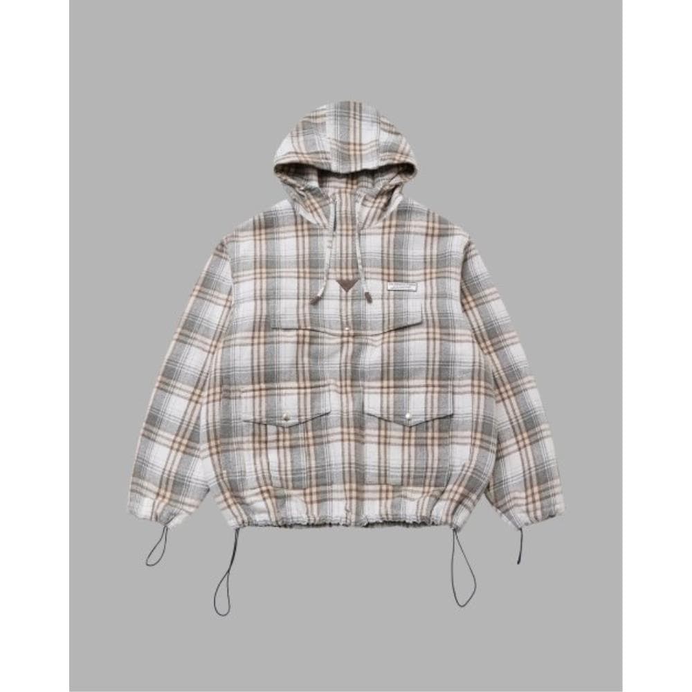 THE MUSEUM VISITOR LEATHER ELBOW PATCH CHECK ANORAK BEIG