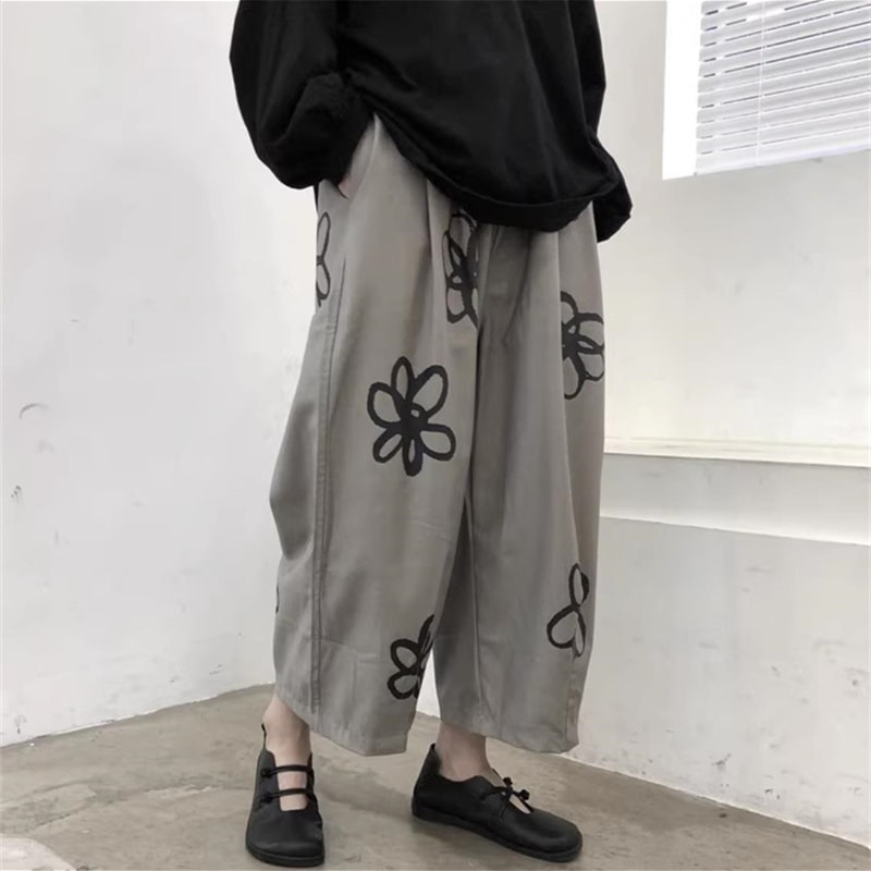 ワイドパンツ レディース 男女兼用 ストレートズボン メンズ ゴムウエスト グレー 花柄 暗黒系 ストリート カジュアル
