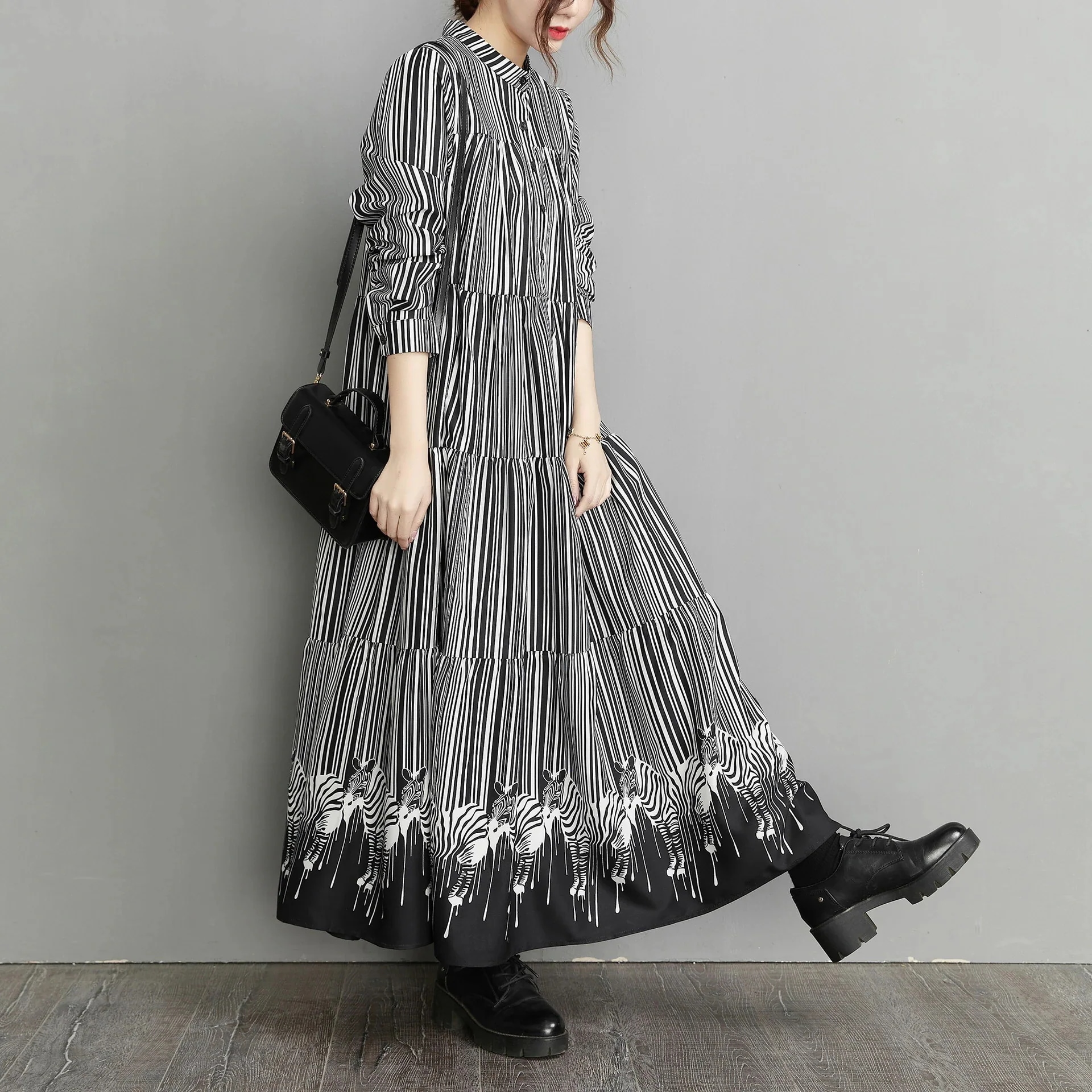 「ファットガール」 ボーダー 秋冬 ロングワンピース 大きいサイズ ドッキング マキシ丈 体型カバー シマウマ ワンピース レトロ レディース