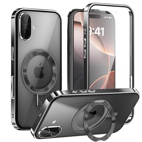 iPhone 16 用 ケース 両面保護 MagSafe対応 CDリング 360回転スタンド 自動ポップアップロック付き アイフォン16 アルミバンパーケース スマホケース 9H強化ガラス PC背 5,476円