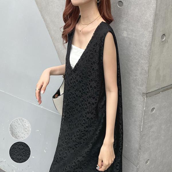 レース ワンピース シアー 透け感 裏地付き ロング丈 レディース かわいい カジュアル シンプル リゾート 旅行 / ブロックレースジャンパースカート