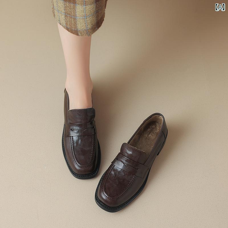 ローファー レディース 学生 カレッジ 通学 通勤 秋冬 シープスキン 女性 ベルベット ミディアム ヒール 厚手 ヒール 毛皮 靴 女性 冬 アウターウェア 女性用 靴