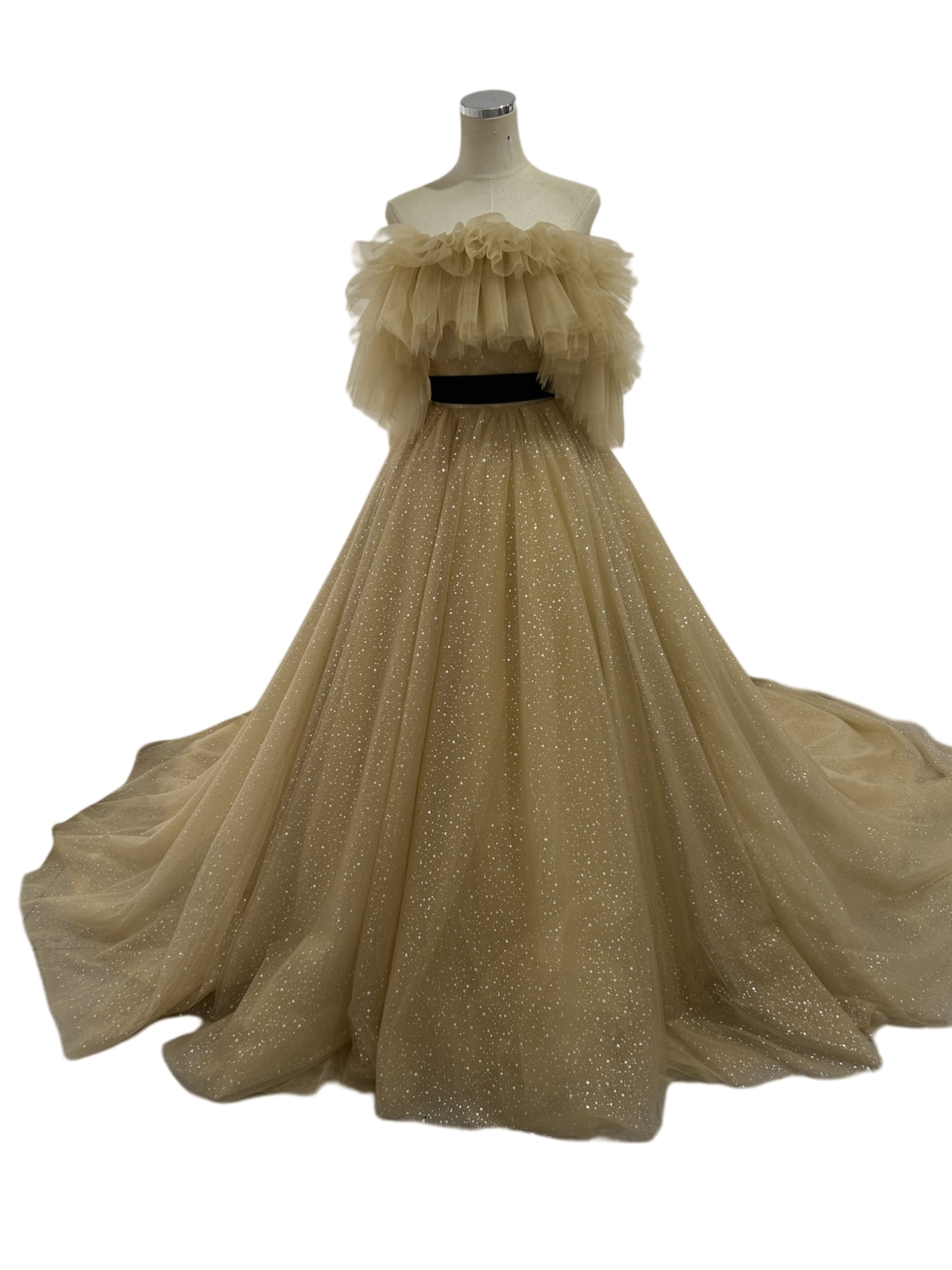 カラードレス シャンパン色 取り外しオフショルダー キラキラグリッターチュール ベルト 編み上げ 結婚式 トレーン 32,494円