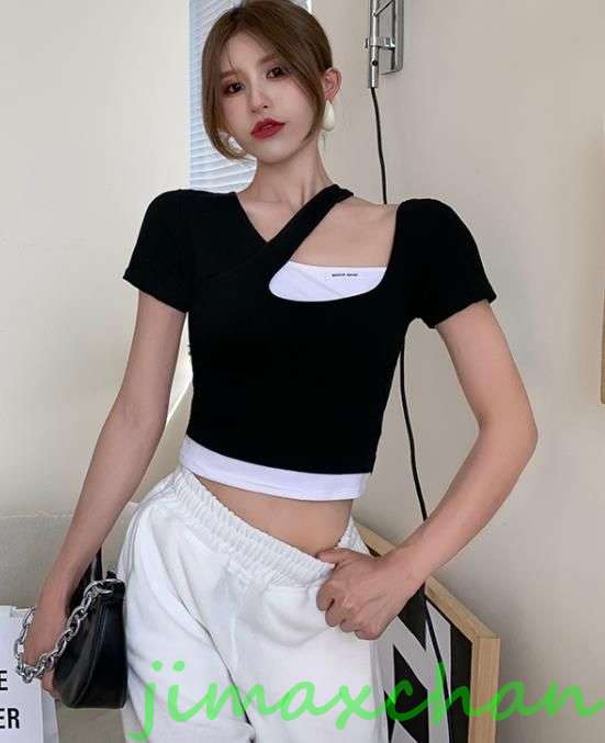 サマー　胸開き Ｔシャツ 半袖 Vネック セーター レディースファッション タートル 胸開きタート セクシー Vネック ベアトップ禁シャツ