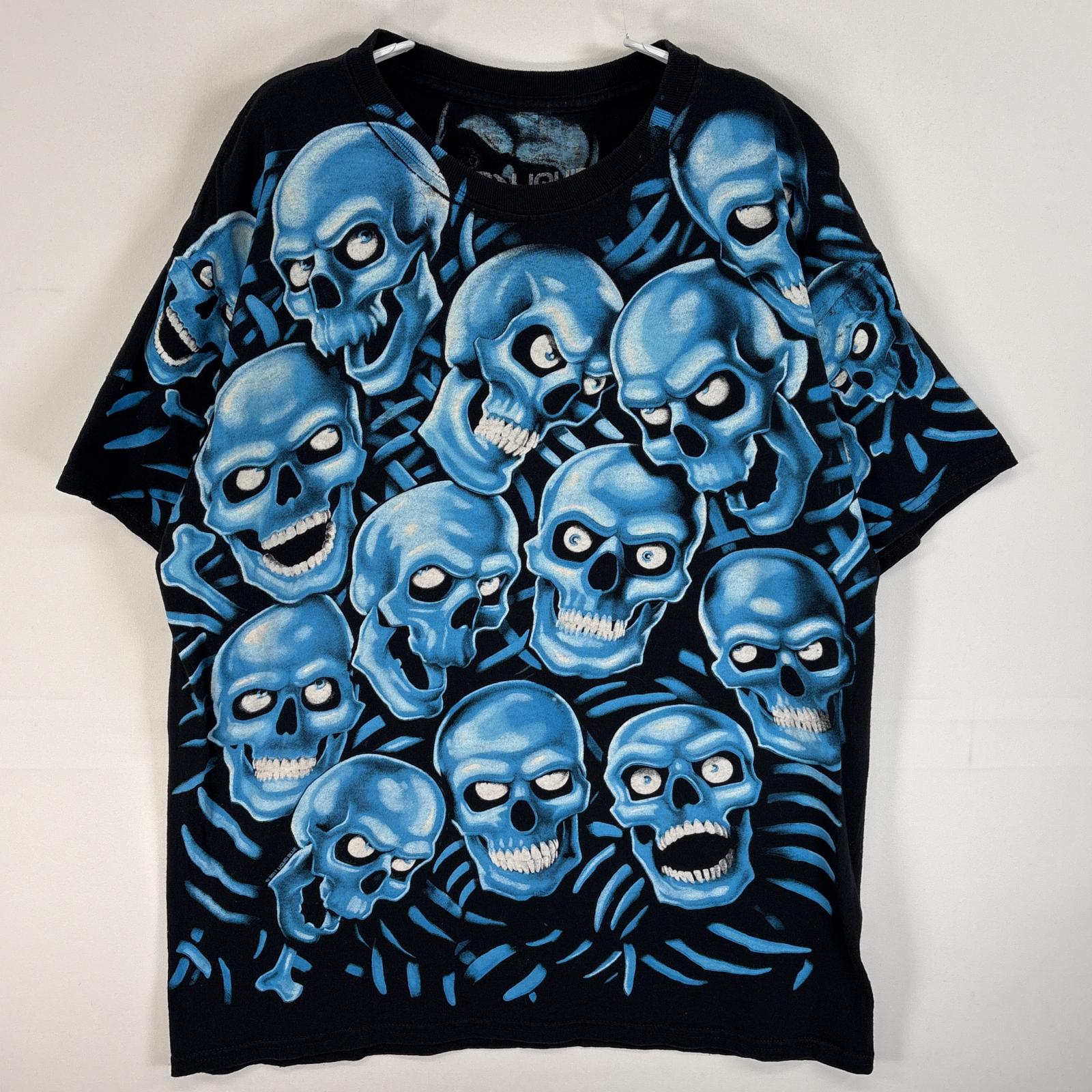 古着 LIQUID BLUE 半袖Tシャツ 両面 ラバープリント ドクロ L ブラック系 総柄 メンズ