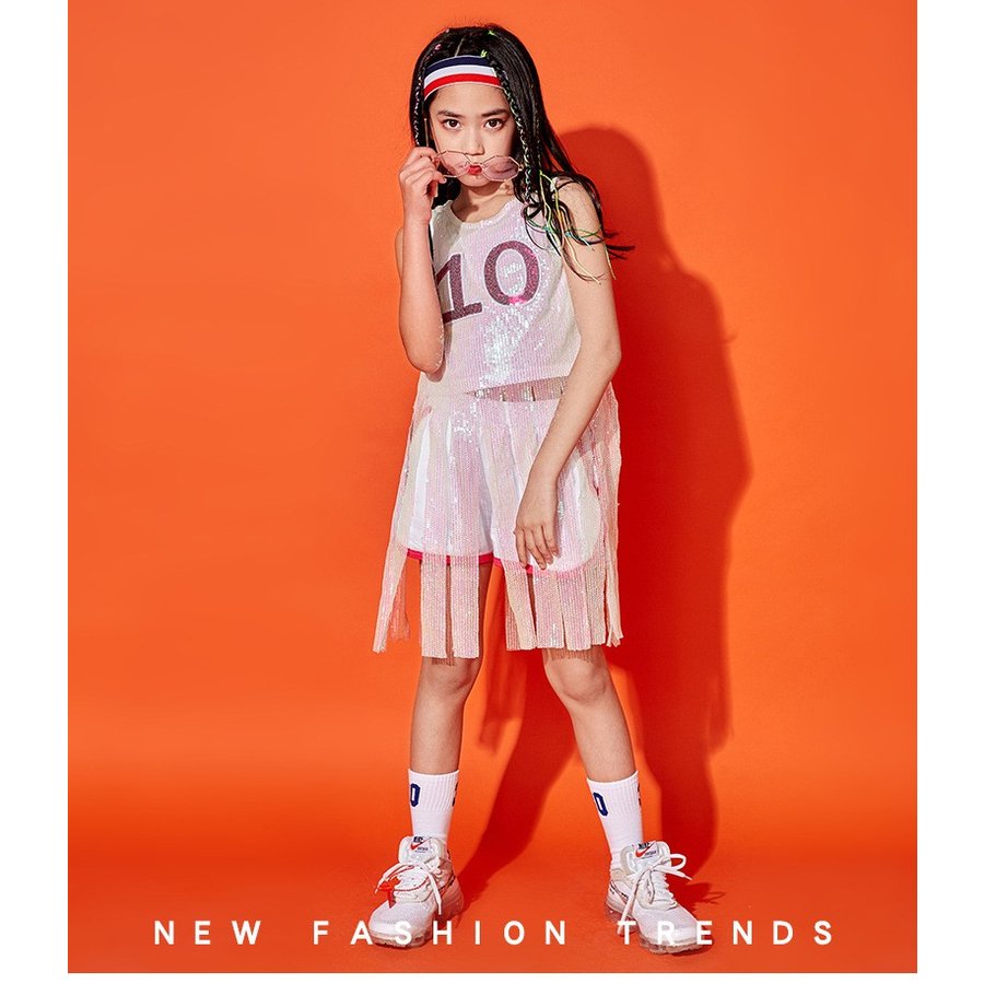 キッズ ダンス衣装 ヒップホップ チアガール スパンコール キラキラ セットアップ パンツセット チア シャツ＋パンツ 女の子供セットアップ 韓国