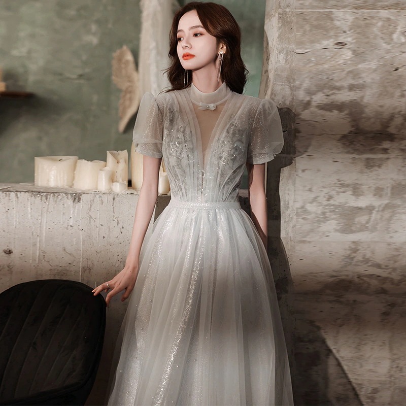 バンケットドレス2025秋のエレガントスタンドカラードレスホスティングパフォーマンスモリスタイルドレス