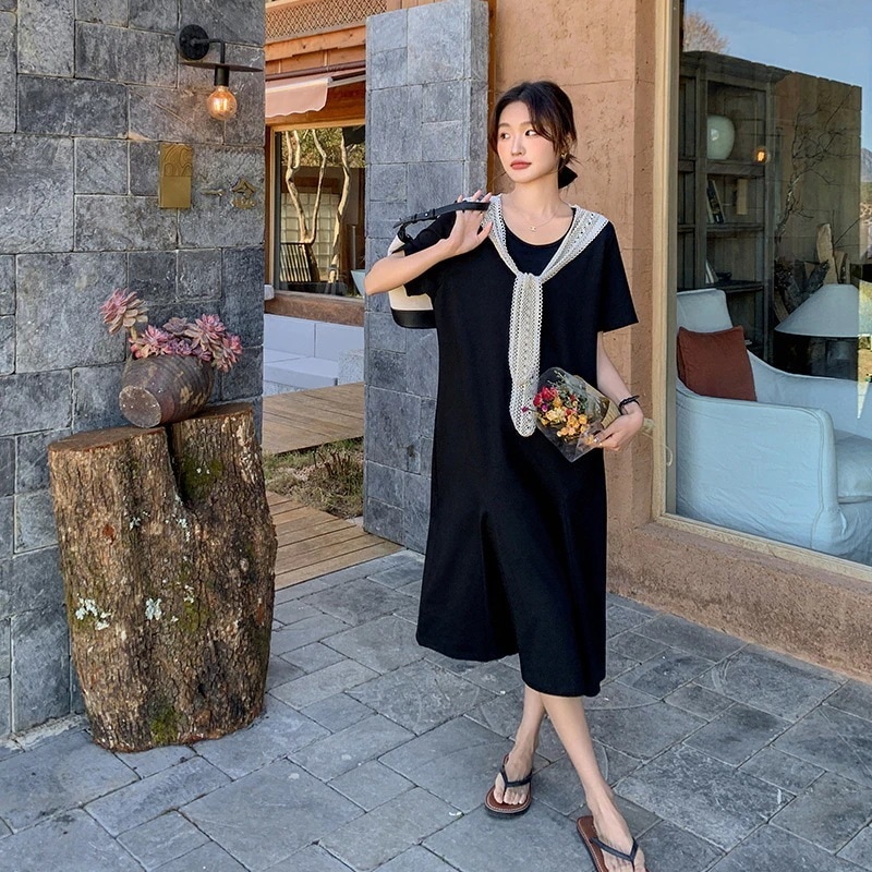 実際の黒い偽のツーピースTシャツドレス2024新しいレースショールルーズ小さなミッドレングススカート