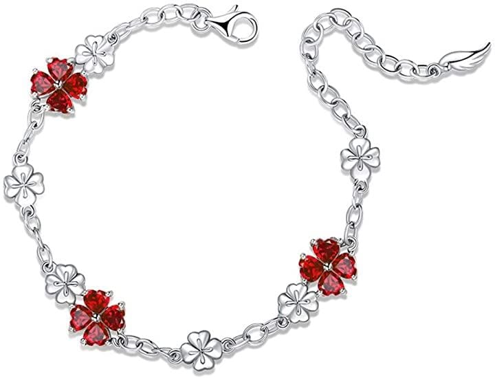 1月誕生石 ガーネット 女性 シルバー925 ブレスレットハート 四つ葉のクローバー 誕生日(1月 誕生石 ガーネット)