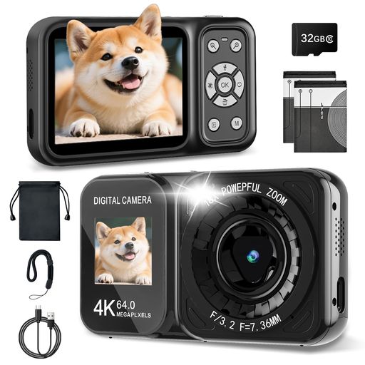 デジタルカメラ 4K 6400万画素 30FPS デジカメ【IPS デュアルスクリーン】UNEEDIT コンデジ 32GBカード付き 18Xデジタルズーム 手ぶれ補正 軽量 コンパクト カメラ 4k