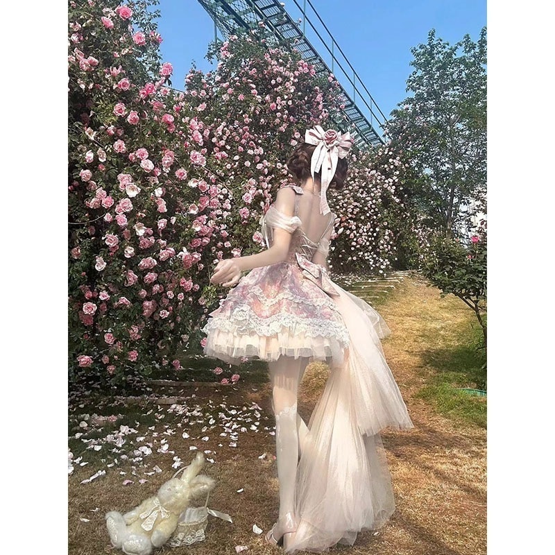 ピンクジャガード春ガーリー風ロリータドレススウィートガールふわふわテールバースデープリンセスドレス