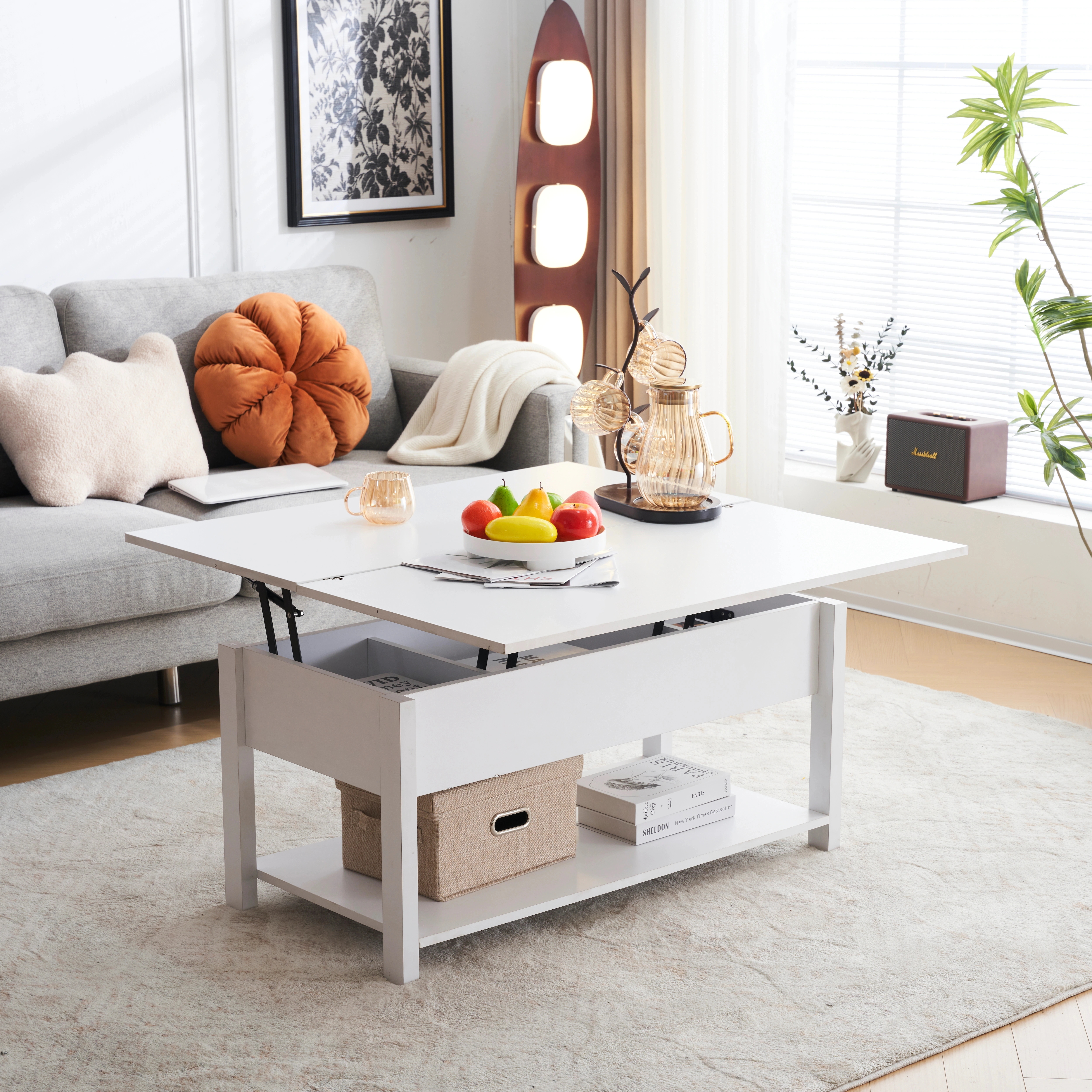 [国内発送]2ローテーブル 収納付き センターテーブル 天板昇降式 天板2倍展開可能 大容量 簡単開閉 昇降式 収納テーブル おしゃ