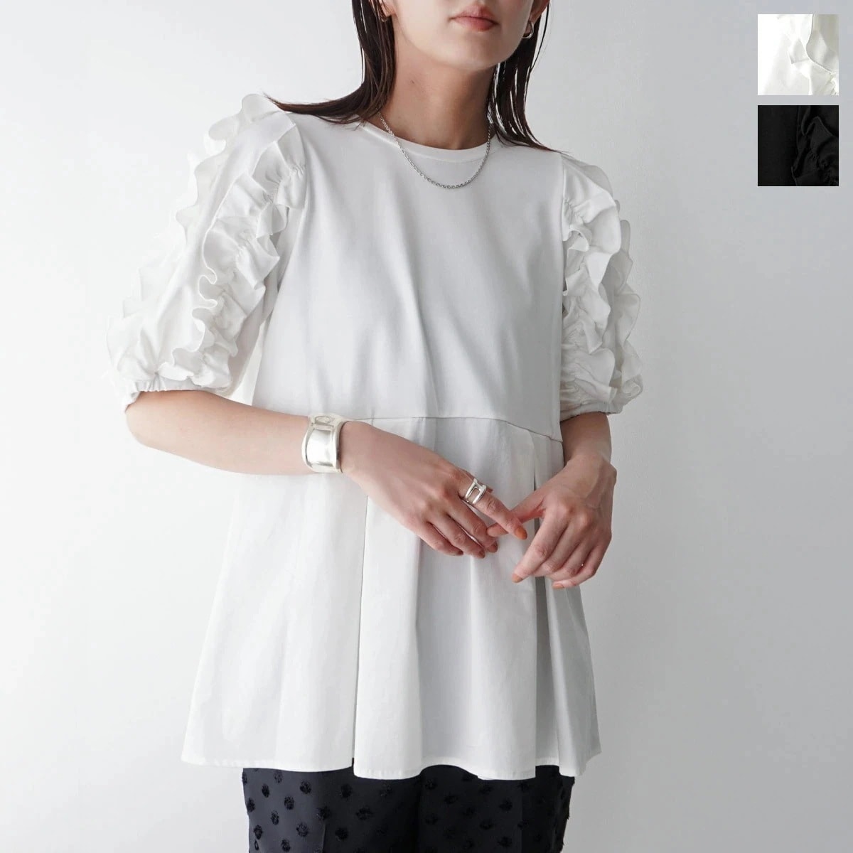 HERENCIA ヘレンチア カットソー H525140 レディース フリル タック コットンブレンド ５分袖 クルーネック プルオーバー カラー2色