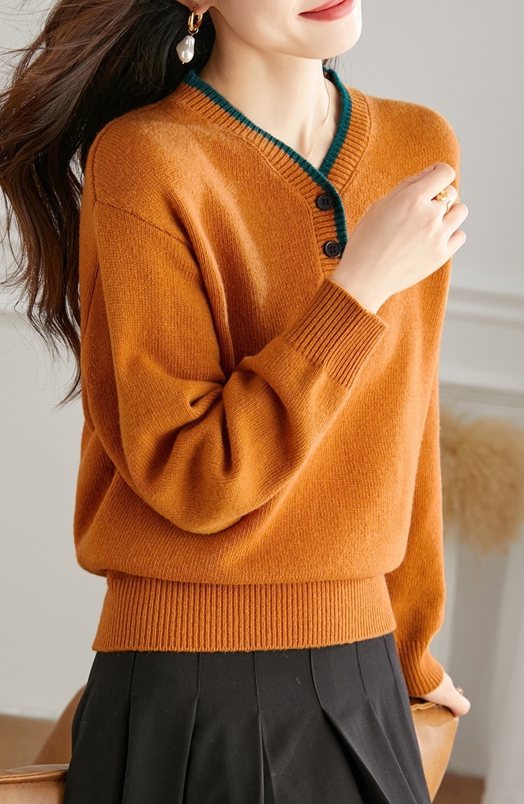 V ネック カーディガン レディース 秋 冬 ゆったりスタイル ゆったり ショート 冬 厚手 セーター ボトムス付き シャツ オレンジ ネイビー M L XL トップス 袖あり かわいい 大人可愛い