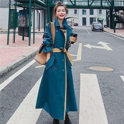 人気品超目玉トレンチコートレディース英国風ブルーロングコートスタイルチェスターアウ