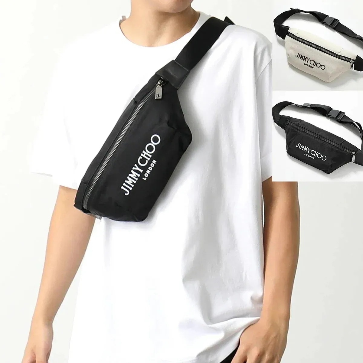 Jimmy Choo ジミーチュウ ボディバッグ FINSLEY CZM DNH フィンスリー メンズ ベルトバッグ ロゴ キャンバス ナイロン クロスボディ