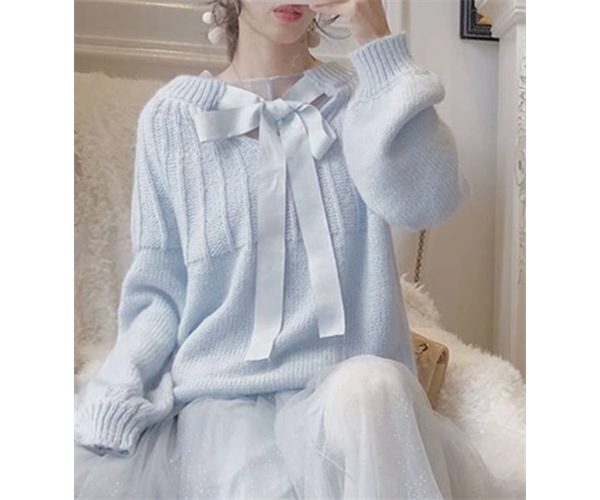 レディース トップス ニット セーター プルオーバー ミドル丈 長袖 フェミニン リボン かわいい 大人可愛い きれいめ シンプル カジュアル 上品 おしゃれ ガーリー ルーズ 個性的 エレガント