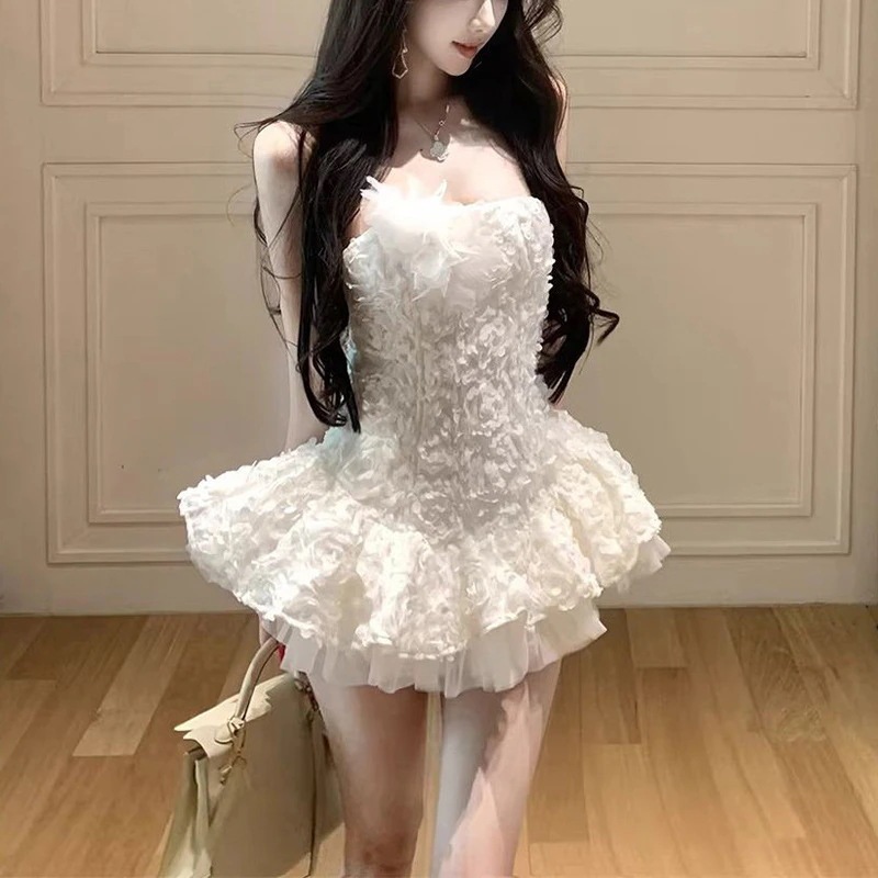 3日出荷 ワンピース夏 レース チューブトップ ウエストマーク シルエット美しい フレア ショート丈 春服 レディース