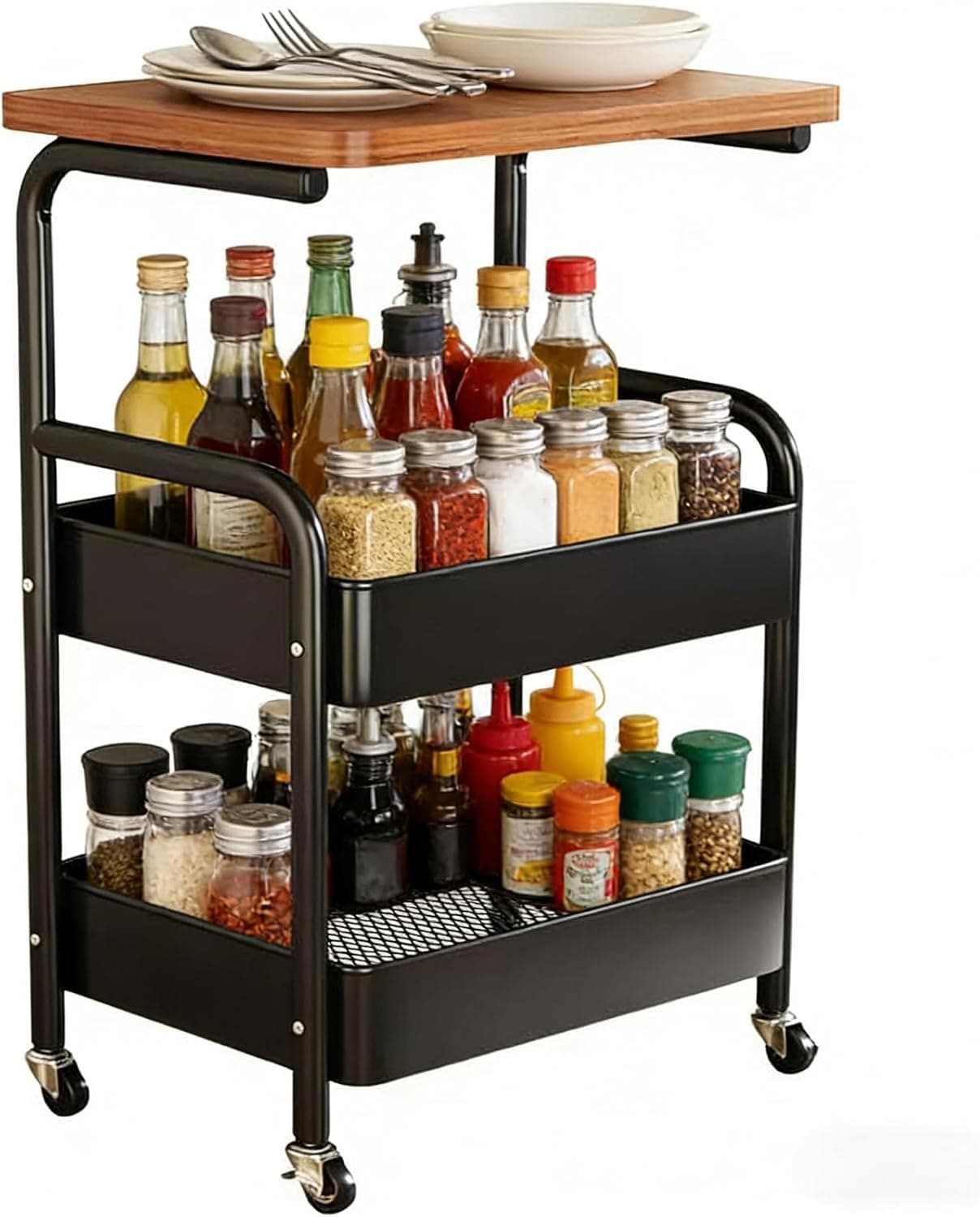 3段キャスター付き収納ワゴン 天板と木製棚付き メッシュかご 耐荷重各段5kg 幅42×奥行30×高さ76cm 組立式