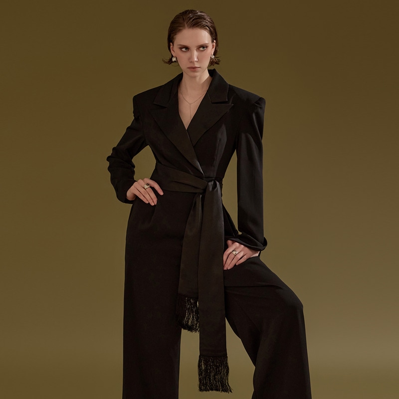 JS9016 サテン 配色 ワイド ロング ジャンプスーツ(ベルトセット)