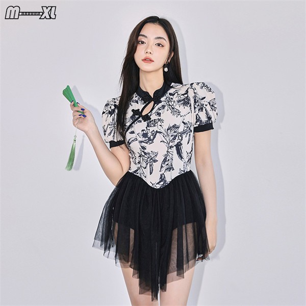 中華風水着 レディース チャイナドレス水着 ブラック チャイナ風 半袖 モノトーン おしゃれ ワンピース パッド付 シンプル 体型カバー 海 プール リゾート かわいい セクシー オトナ女性 大人 2