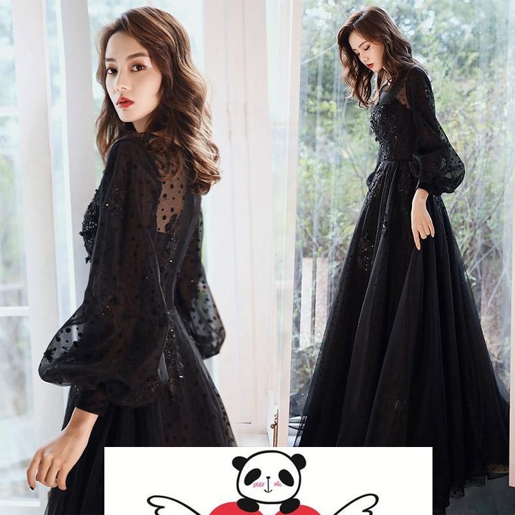 イブニングドレス ロングドレス 黒 パフスリーブ 長袖 ビーズ キレイめ パーティードレス Aライン 演奏会発表会ドレス ブラック キラキラ スパンコール 花柄