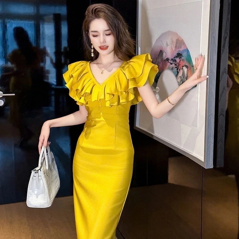 夏 フリル ワンピース Vネック ペンシル ハイウエスト パーティードレス キャバ 着痩せ 大人 同窓会 披露宴 卒業式 結婚式 演奏会 ウェディング 二次会 発表会 5,200円